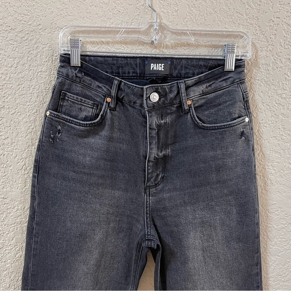Paige Stella Jeans Straight High Rise Raw Hem Distressed Casual Denim Black 27 - Picture 6 of 13